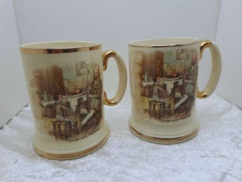Vintage Pair of Arthur Wood Porcelain Tankards No 3752 David Dines with Micawber.