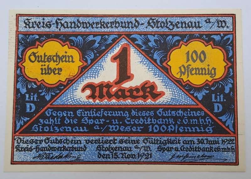 Germany -1921 -1 Mark Kreis-Handwerkerbund District of Stolzenau -Prussian province of Hanover