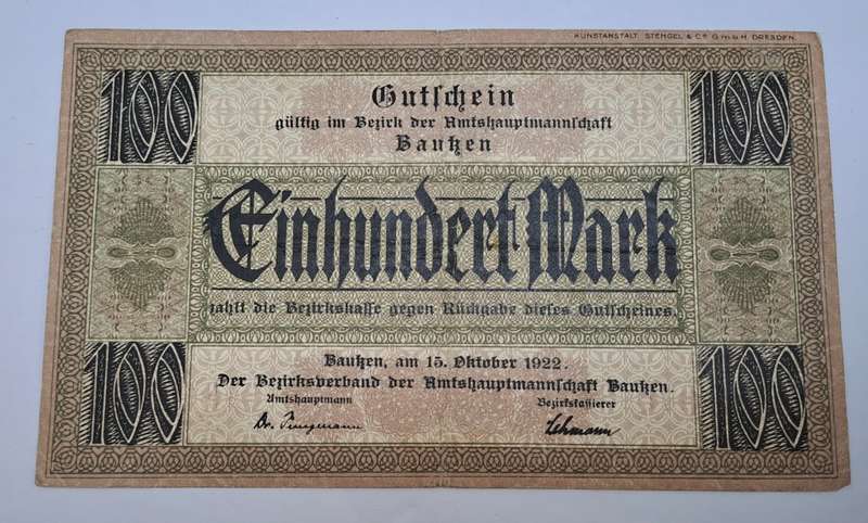 Germany -1922 -100 Mark District of Bautzen (Federal state of Saxony)