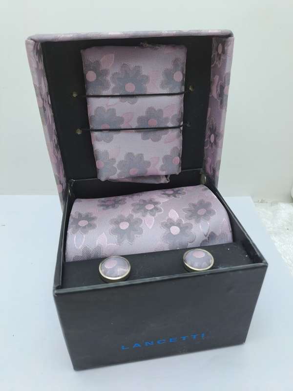 Unused - LANCETTI Italian Designer Tie, Design Hanky & Cufflinks Gift Set -Boxed