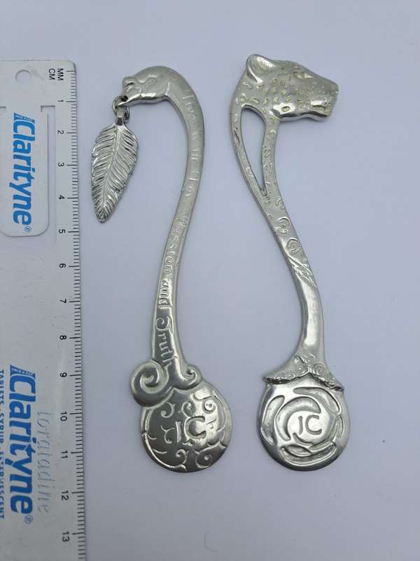 2 Jenna Clifford Pewter bookmarks -Swan and Leopard