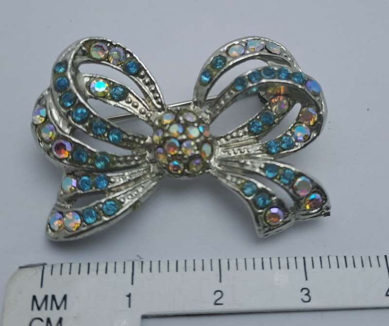 Vintage Iridescent Bow brooch -White Metal