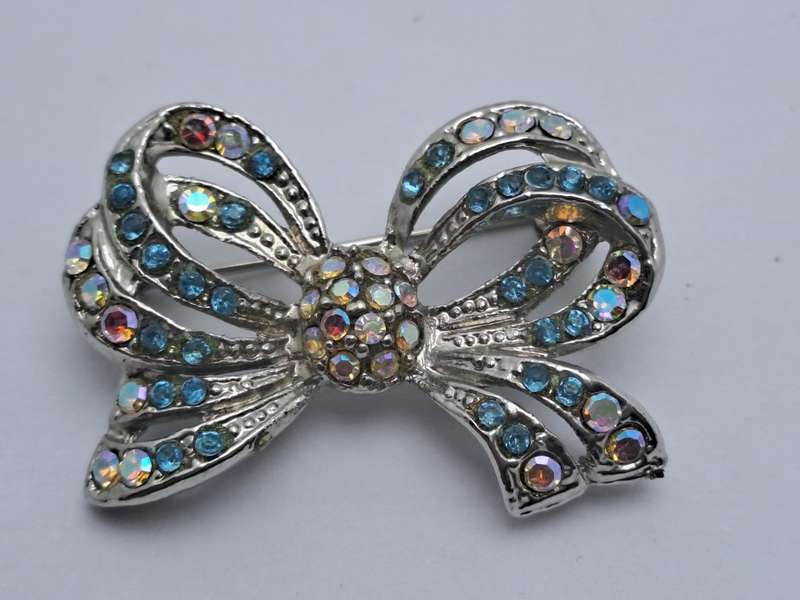 Vintage Iridescent Bow brooch -White Metal