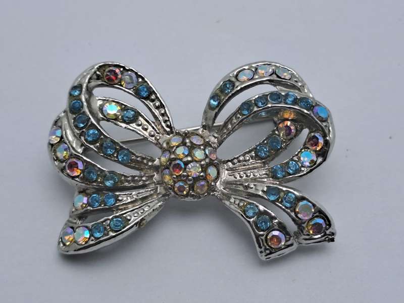 Vintage Iridescent Bow brooch -White Metal