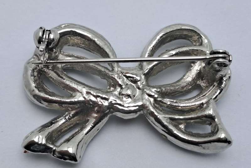 Vintage Iridescent Bow brooch -White Metal