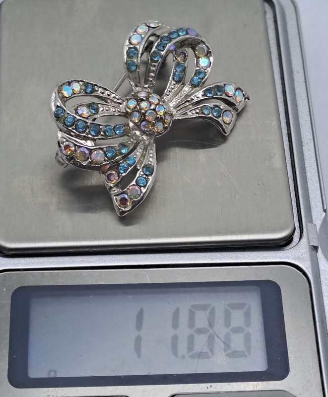 Vintage Iridescent Bow brooch -White Metal