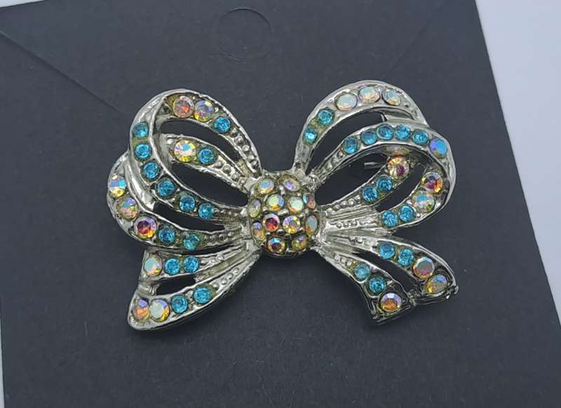 Vintage Iridescent Bow brooch -White Metal