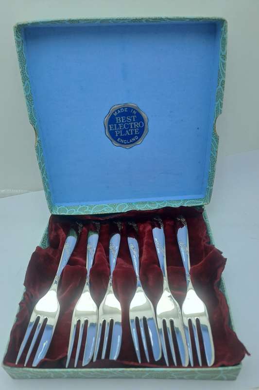 6pc Vintage Angora Best Electro Silver Plate E.P.N.S Cake Fork Set -Boxed