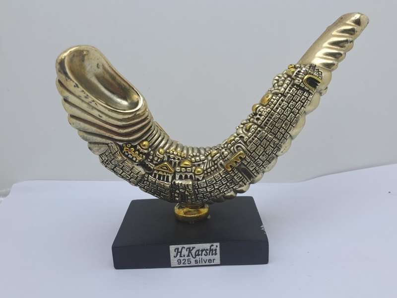 Collectable Original 925 sterling Silver and Gold Figurine of Shofar Rams  Horn- by H.Karshi Israel
