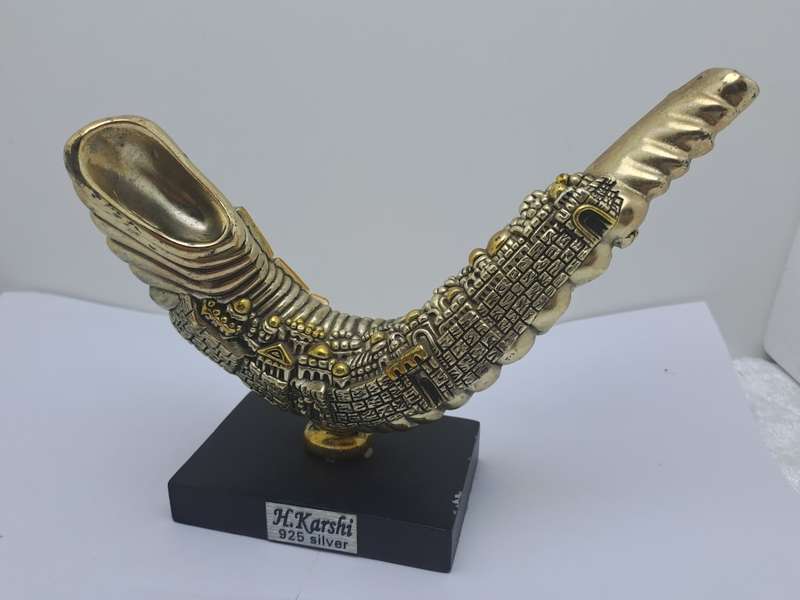 Collectable Original 925 sterling Silver and Gold Figurine of Shofar Rams  Horn- by H.Karshi Israel