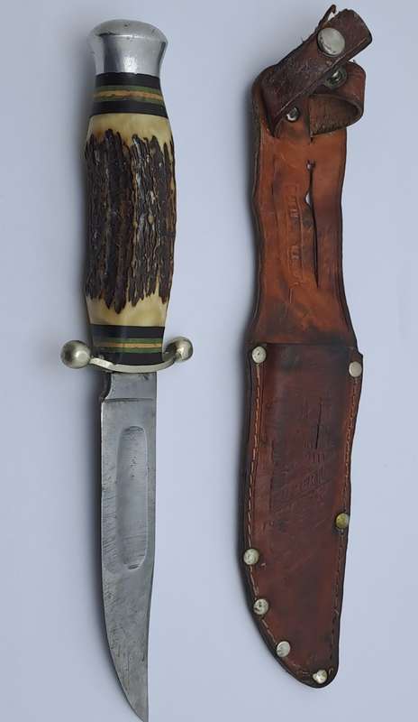 Vintage Hubertus Solingen Germany Hunting Knife Stag Horn Handle - with Leather Sheath 22,5cm