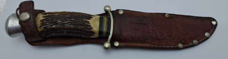 Vintage Hubertus Solingen Germany Hunting Knife Stag Horn Handle - with Leather Sheath 22,5cm