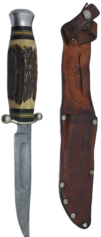 Vintage Hubertus Solingen Germany Hunting Knife Stag Horn Handle - with Leather Sheath 22,5cm