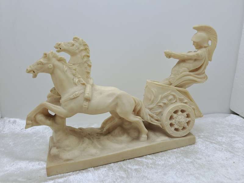 Vintage  Roman Chariot, Warrior & Horses Cart Sculpture by A. Santini - Made in Italy