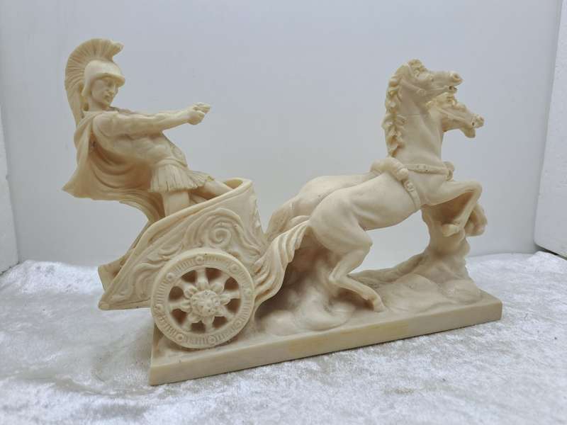 Vintage  Roman Chariot, Warrior & Horses Cart Sculpture by A. Santini - Made in Italy