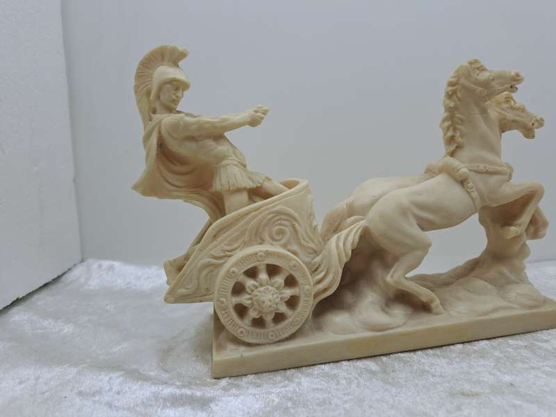 Vintage  Roman Chariot, Warrior & Horses Cart Sculpture by A. Santini - Made in Italy