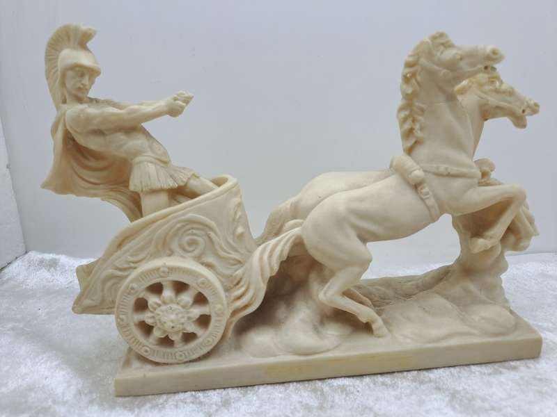 Vintage  Roman Chariot, Warrior & Horses Cart Sculpture by A. Santini - Made in Italy