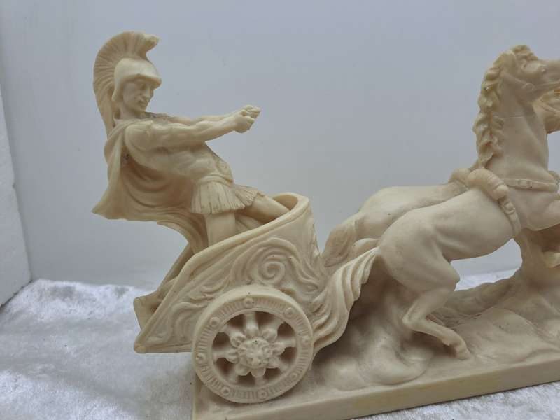 Vintage  Roman Chariot, Warrior & Horses Cart Sculpture by A. Santini - Made in Italy
