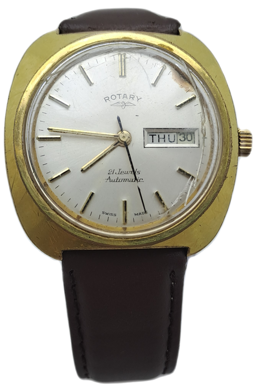 Vintage Mens Swiss ROTARY Day/Date Automatic Watch -21 Jewels -Working -need new Lens