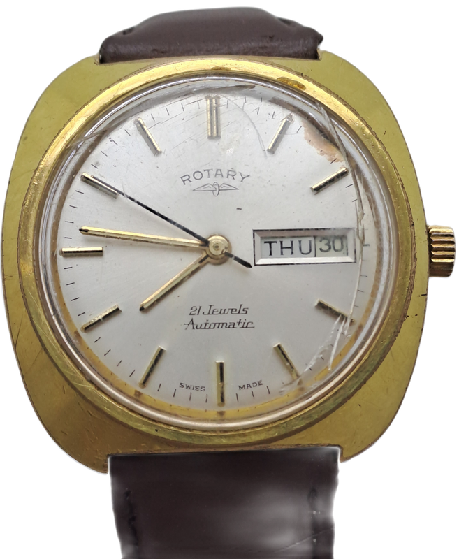 Vintage Mens Swiss ROTARY Day/Date Automatic Watch -21 Jewels -Working -need new Lens