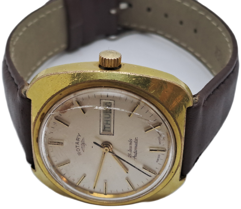 Vintage Mens Swiss ROTARY Day/Date Automatic Watch -21 Jewels -Working -need new Lens