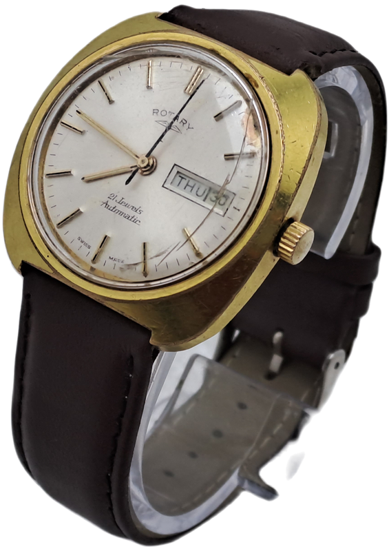 Vintage Mens Swiss ROTARY Day/Date Automatic Watch -21 Jewels -Working -need new Lens