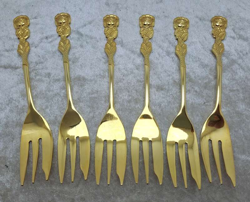 6 EETRITE 24KT Gold Plated Cake Forks. 14cm