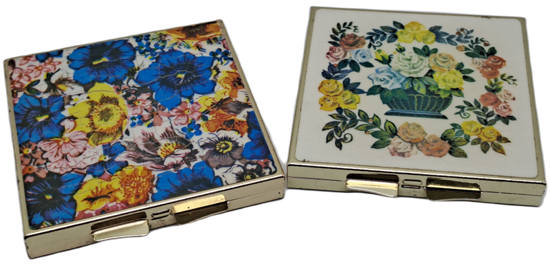 Vintage Gold Plated Enamel Floral Purse Pill Bar and Vanity Mirror