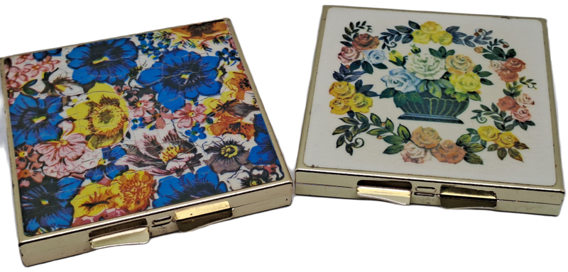 Vintage Gold Plated Enamel Floral Purse Pill Bar and Vanity Mirror