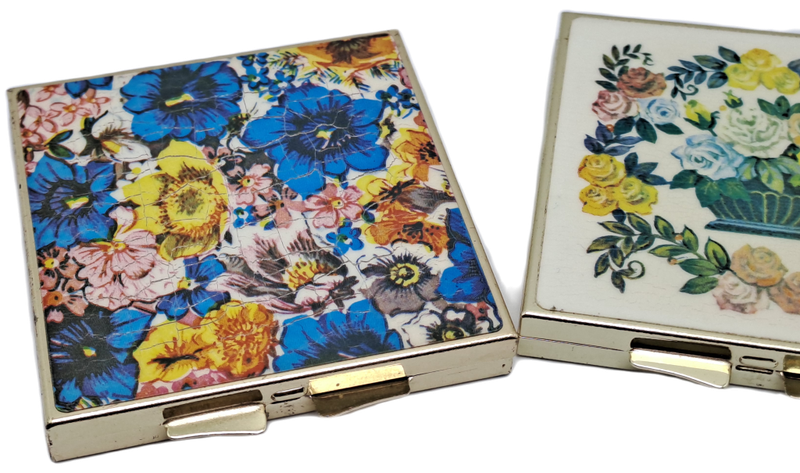 Vintage Gold Plated Enamel Floral Purse Pill Bar and Vanity Mirror