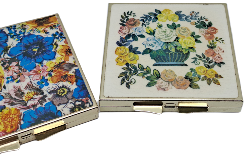Vintage Gold Plated Enamel Floral Purse Pill Bar and Vanity Mirror