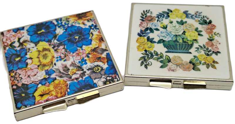 Vintage Gold Plated Enamel Floral Purse Pill Bar and Vanity Mirror