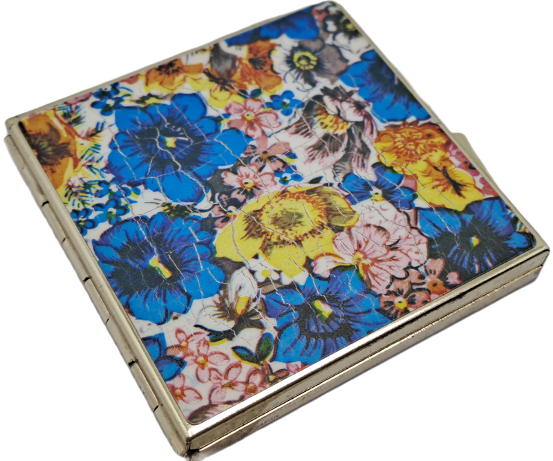 Vintage Gold Plated Enamel Floral Purse Pill Bar and Vanity Mirror