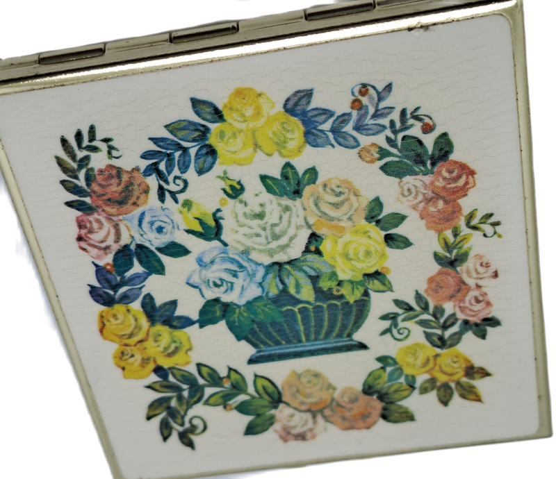 Vintage Gold Plated Enamel Floral Purse Pill Bar and Vanity Mirror