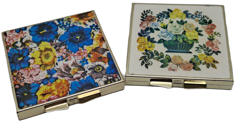 Vintage Gold Plated Enamel Floral Purse Pill Bar and Vanity Mirror