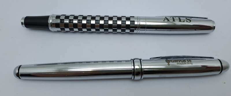 2 Pre-owned Balmain Ballpoint Pens -Boxed- Branded and one engraved -Ink is ok