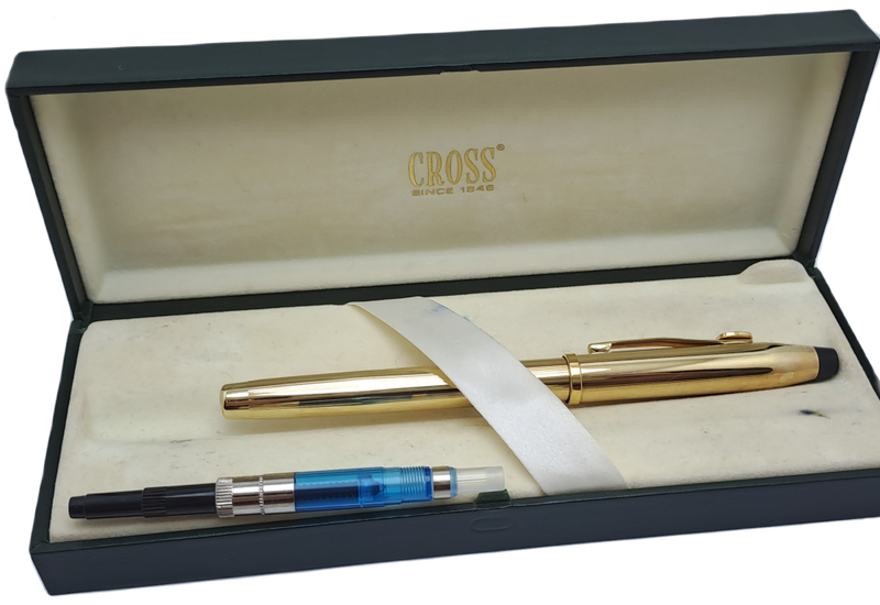Vintage Cross 10kt Rolled Gold Fountain Pen with 18kt 750  Nib-Ink tested -extra converter in Case.