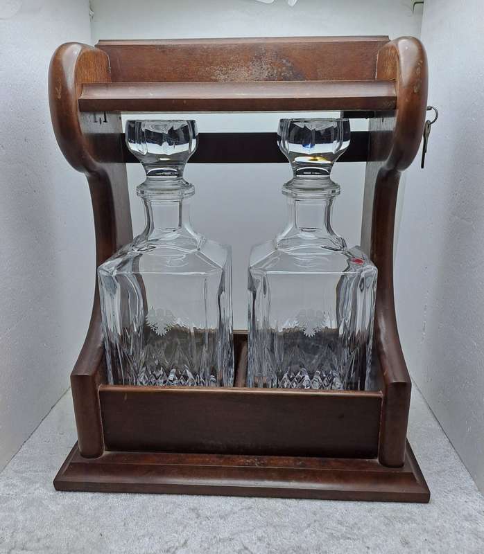 Vintage 2 decanter Tantalus with Oak Frame -with Key