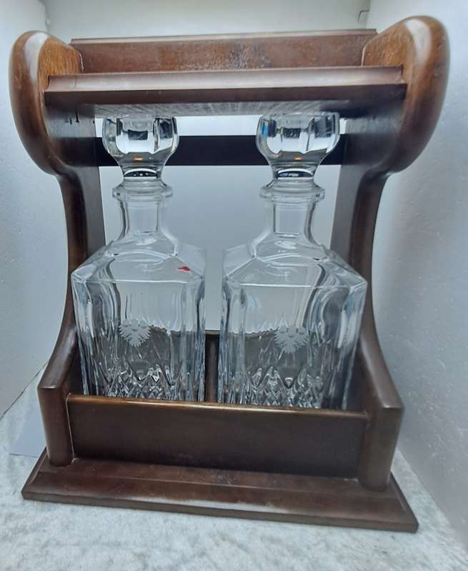 Vintage 2 decanter Tantalus with Oak Frame -with Key