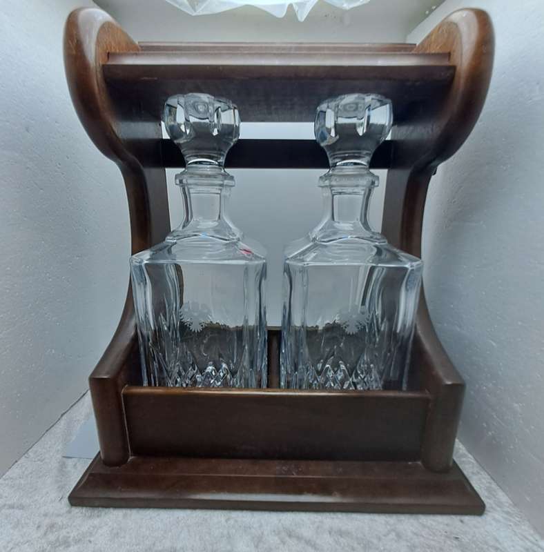 Vintage 2 decanter Tantalus with Oak Frame -with Key