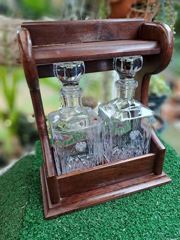 Vintage 2 decanter Tantalus with Oak Frame -with Key
