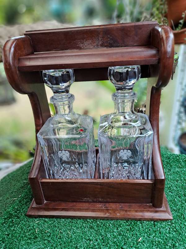 Vintage 2 decanter Tantalus with Oak Frame -with Key