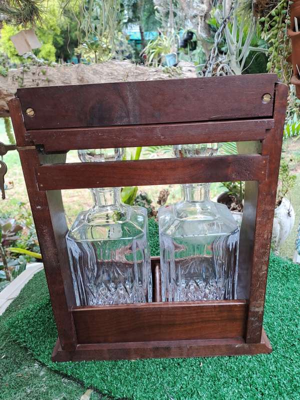 Vintage 2 decanter Tantalus with Oak Frame -with Key