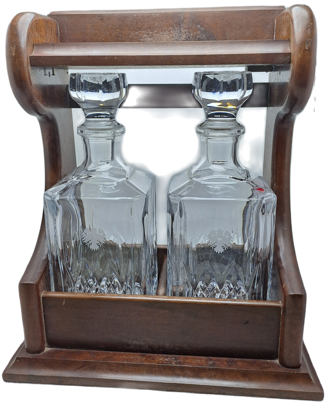 Vintage 2 decanter Tantalus with Oak Frame -with Key