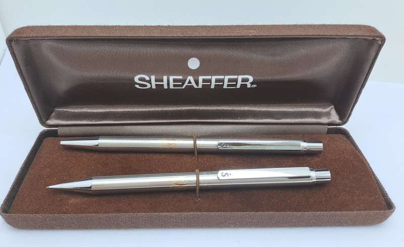 Vintage Chrome Sheafer Pen & Pencil set -Engraved with 1910-1985- 75 Year Celebration? in Case