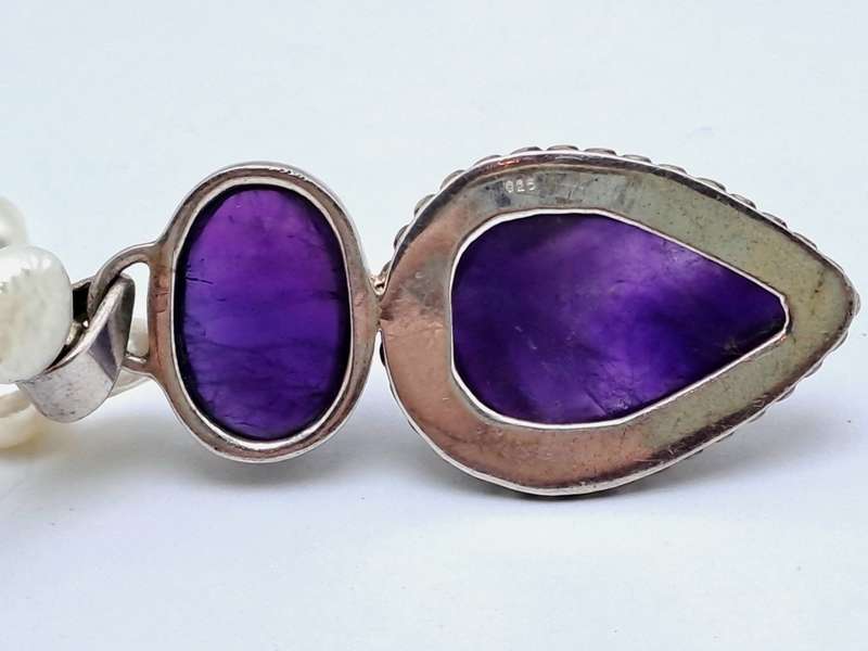 Vintage Genuine Pearl Necklace with Genuine Amethyst 925 Sterling Silver Pendant. 43cm