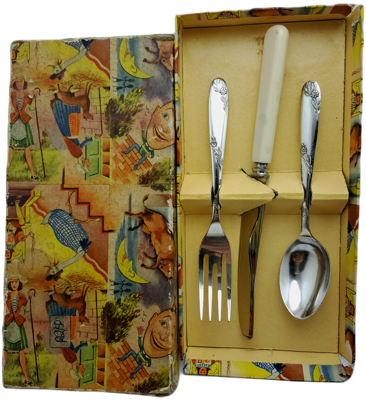 3pc Vintage Angora Silver Plate EPNS Childrens Cutlery set-Sheffield England.Boxed