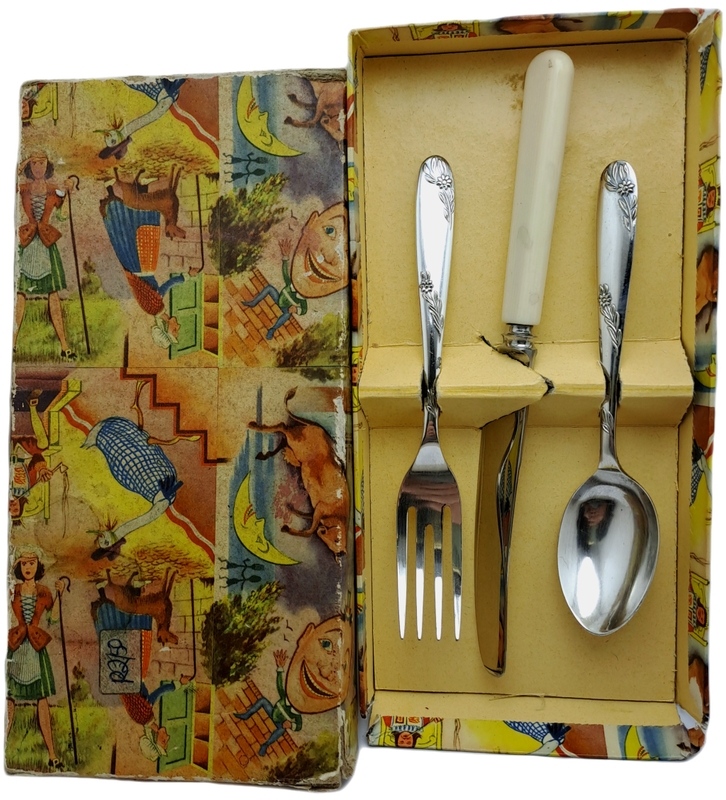 3pc Vintage Angora Silver Plate EPNS Childrens Cutlery set-Sheffield England.Boxed