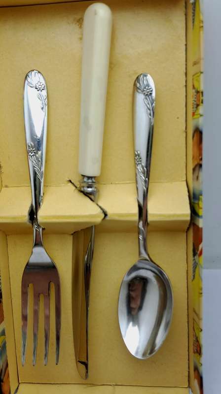 3pc Vintage Angora Silver Plate EPNS Childrens Cutlery set-Sheffield England.Boxed