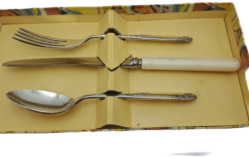 3pc Vintage Angora Silver Plate EPNS Childrens Cutlery set-Sheffield England.Boxed